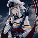  1girl azur_lane bangs blue_eyes breasts closed_mouth commentary_request cross cross_earrings earrings eyebrows_visible_through_hair gloves hair_between_eyes hat highres jewelry long_hair military military_hat military_uniform peaked_cap septoleaf silver_hair solo tirpitz_(azur_lane) uniform 