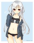  adapted_costume ass_visible_through_thighs bad_id bad_twitter_id bikini black_bikini black_bikini_bottom black_bikini_top blush collarbone crescent crescent_moon_pin eyebrows_visible_through_hair groin hair_between_eyes highres jacket kantai_collection kikuzuki_(kantai_collection) long_hair myao_(jumca_my) navel red_eyes solo swimsuit twitter_username white_hair 