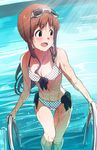  :d bikini breasts brown_hair front-tie_top goggles goggles_on_head idolmaster idolmaster_million_live! long_hair looking_to_the_side medium_breasts narumi_nanami open_mouth polka_dot polka_dot_bikini polka_dot_swimsuit pool pool_ladder red_eyes side-tie_bottom smile solo swimsuit tanaka_kotoha thigh_gap very_long_hair wading water wet 