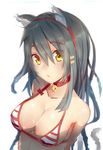  :&lt; absurdres animal_ears bikini bikini_top black_hair breasts brown_eyes cat_ears cleavage gin00 hairband haruna_(kantai_collection) highres kantai_collection long_hair looking_at_viewer medium_breasts partially_submerged sketch solo striped striped_bikini swimsuit wet 
