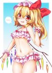  :d bikini blonde_hair blush breasts flandre_scarlet frilled_bikini frills hat kyouda_suzuka looking_at_viewer mob_cap navel nervous nervous_smile open_mouth red_eyes short_hair_with_long_locks small_breasts smile solo spoken_blush swimsuit touhou underboob wings wrist_cuffs 