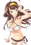  absurdres adjusting_hair baffu bikini breasts brown_hair cowboy_shot criss-cross_halter cup disposable_cup double_bun halter_top halterneck headgear highres kantai_collection kongou_(kantai_collection) long_hair looking_to_the_side medium_breasts navel purple_eyes simple_background solo starbucks swimsuit white_background white_bikini wrist_cuffs 