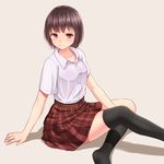  arm_support bad_id bad_pixiv_id bangs banned_artist beige_background belt black_legwear blush breasts brown_hair buttons collarbone looking_at_viewer medium_breasts minagiku original plaid plaid_skirt red_eyes removing_sock school_uniform serafuku short_hair short_sleeves simple_background sitting skirt socks solo sweat thighhighs uniform 