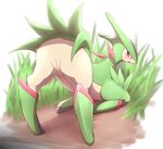 bent_over blush butt female feral grass legendary_pok&eacute;mon looking_at_viewer looking_back nintendo open_mouth pok&eacute;mon presenting presenting_hindquarters red_eyes solo sweat video_games virizion 