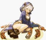  boots breasts camieux cleavage cloak draph granblue_fantasy green_eyes grey_hair hood hooded_cloak horns looking_at_viewer low_twintails medium_breasts open_mouth shorts sitting so-bin solo tears teeth twintails 