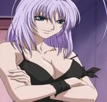  1girl antenna_hair blue_eyes breasts cleavage crossed_arms dress female large_breasts natsume_maya purple_hair screencap short_hair smile solo stitched tenjou_tenge torn_clothes 