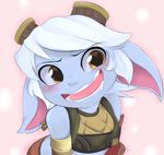  &lt;3 &lt;3_eyes bandlebro_(artist) blue_skin blush clothing eyewear goggles hair league_of_legends smaller_female tristana vest video_games white_hair yordle 