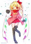  ;d adapted_costume ascot blonde_hair blush boots bow flandre_scarlet hair_bow knee_boots kyouda_suzuka looking_at_viewer miniskirt mittens one_eye_closed open_mouth parka red_eyes scarf short_hair_with_long_locks side_ponytail skirt smile solo touhou wings winter_clothes 