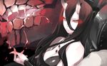  bare_shoulders battleship_hime black_dress black_hair breasts cleavage covered_nipples dress fingernails glowing glowing_eyes hair_between_eyes highres horns kantai_collection large_breasts long_fingernails long_hair looking_away looking_to_the_side meranie monster oni_horns red_eyes shinkaisei-kan solo upper_body white_skin 