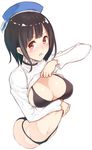  alternate_costume black_bra black_hair blue_panties blush bra breasts cleavage clothes_lift highres kantai_collection large_breasts long_sleeves looking_at_viewer navel open_mouth panties red_eyes shirousagi_uyu short_hair sideboob solo stomach sweatdrop sweater sweater_lift takao_(kantai_collection) turtleneck underwear undressing upper_body white_background white_sweater 