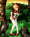  1girl animal artist_request blush dress hood little_red_riding_hood napalmbit outdoors outside panties panty_pull red_hair sexually_suggestive standing tears thighhighs underwear wolf 