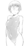  arms_behind_back blush eini_a_lukkanen em glasses greyscale monochrome one-piece_swimsuit short_hair simple_background smile solo swimsuit white_background world_witches_series 