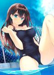  amami_mikihiro bare_shoulders blue_eyes breasts brown_hair chain-link_fence cloud commentary_request day fence idolmaster idolmaster_cinderella_girls jpeg_artifacts long_hair looking_at_viewer medium_breasts old_school_swimsuit one-piece_swimsuit poolside school_swimsuit shibuya_rin sitting sky smile soaking_feet solo swimsuit 