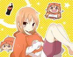  :d :t bad_id bad_pixiv_id barefoot blonde_hair brown_eyes cape chibi cola commentary_request doma_umaru hamster_costume himouto!_umaru-chan hood komaru multiple_views nahaki open_mouth pouty_lips shorts smile 