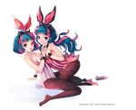  animal_ears blue_hair breasts bunny_ears bunny_girl bunny_tail bunnysuit cleavage cuffs detached_collar fake_animal_ears fake_tail fishnet_pantyhose fishnets grin high_heels kneeling looking_at_viewer maplestory maplestory_2 medium_breasts mint_(maplestory2) mole mole_under_eye multicolored_hair multiple_girls open_mouth pantyhose pink_hair red_eyes shoes simple_background single_shoe sitting small_breasts smile tail two-tone_hair vanilla_(maplestory2) white_background yumaomi 