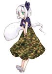  :&lt; alternate_costume blush camouflage camouflage_skirt contemporary full_body green_eyes hair_ribbon hairband hello_kitty konpaku_youmu konpaku_youmu_(ghost) kyouda_suzuka long_skirt looking_at_viewer ribbon shirt shoes short_hair shy skirt solo t-shirt touhou v_arms white_footwear white_hair 