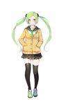  bad_id bad_pixiv_id black_legwear blush cardigan full_body green_eyes green_hair hands_in_pockets looking_at_viewer original pleated_skirt school_uniform serafuku shoes simple_background skirt smile sneakers solo thighhighs twintails white_background yumaomi 