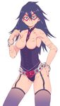  1girl absurdres aqua_eyes ass_visible_through_thighs belt black_hair black_legwear blush bodysuit boku_no_hero_academia breastless_clothes breasts collarbone cuffs dominatrix domino_mask earrings garter_straps hand_on_hip handcuffs highres jewelry long_hair mask medium_breasts midnight_(boku_no_hero_academia) mole mole_under_eye simple_background skin_tight smile solo thighhighs torn_clothes white_background 