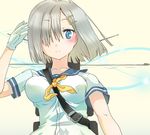  blue_eyes blush breasts gloves hair_ornament hair_over_one_eye hairclip hamakaze_(kantai_collection) kantai_collection looking_at_viewer medium_breasts school_uniform serafuku short_hair short_sleeves silver_hair solo upper_body white_gloves yamashina_metal 