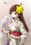  breasts brown_eyes brown_hair character_mask cotton_candy eating fuyu_mi gen_1_pokemon japanese_clothes jewelry kantai_collection kimono long_hair mask mask_on_head medium_breasts ooi_(kantai_collection) pikachu pokemon pokemon_(creature) ring simple_background twitter_username water_yoyo yukata 