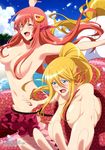  :d absurdres ahoge animal_ears bikini_skirt blonde_hair blush breasts centaur centorea_shianus cleavage cloud convenient_arm day fang hair_censor hair_ornament hairclip highres horse_ears horse_tail huge_breasts itadaki_shinji lamia large_breasts long_hair megami miia_(monster_musume) monster_girl monster_musume_no_iru_nichijou multiple_girls navel official_art open_mouth out-of-frame_censoring outdoors pointy_ears ponytail red_hair scales sky slit_pupils smile tail topless water yellow_eyes 