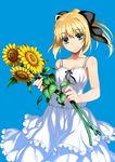  ahoge artoria_pendragon_(all) bare_arms bare_shoulders blonde_hair blue_background commentary_request cowboy_shot dress fate/stay_night fate_(series) floating_hair flower green_eyes hair_ribbon holding long_hair looking_at_viewer namonashi ponytail ribbon saber simple_background smile solo spaghetti_strap sunflower white_dress 