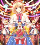  alice_margatroid apron belt blonde_hair blue_dress blue_eyes bouquet bow bowtie capelet closed_eyes danmaku doll dress flower hair_ornament hair_ribbon hairband long_hair long_sleeves looking_at_viewer mary_janes natsume_k open_mouth puppet_strings ribbon rose shanghai_doll shoes short_hair short_sleeves smile socks solo touhou white_legwear 