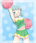  ;d akeyama arm_up armpits blush braid breasts cheerleader fang glasses large_breasts mashiba_nao navel one_eye_closed open_mouth pom_poms semi-rimless_eyewear short_hair skirt smile solo twin_braids under-rim_eyewear wakaba_girl 