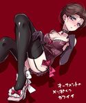  1girl blue_eyes breasts brown_hair choker cleavage disney elbow_gloves garter_straps gloves high_heels kokuchuutei lingerie mary_poppins ribbon short_hair simple_background solo thighhighs underwear 