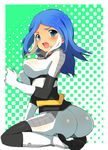  artist_request ass ball blue_eyes blue_hair blush bodysuit boots breasts fang female gloves halftone halftone_background inazuma_eleven inazuma_eleven_(series) large_breasts long_hair multicolored_hair open_mouth sasoribi-dekine seiza shiny shiny_clothes short_hair sideboob soccer_ball solo translation_request two-tone_hair urubida white_hair yagami_reina 