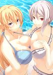  bikini blonde_hair breast_hold breast_press breasts cleavage cousins frown grey_hair highres jijii48 large_breasts looking_at_viewer multiple_girls nakiri_alice nakiri_erina pool poolside purple_eyes red_eyes shokugeki_no_souma smile swimsuit symmetrical_docking water 