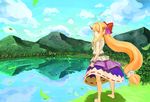  back barefoot belt blue_sky cantdraw cloud day from_behind full_body hair_ornament hair_ribbon highres horn_ribbon horns ibuki_suika lake landscape leaf long_hair looking_at_viewer looking_back low-tied_long_hair mountain nature orange_eyes orange_hair reflection ribbon shirt skirt sky sleeveless solo touhou upskirt very_long_hair water wrist_cuffs 