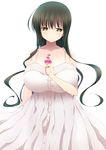  breasts brown_hair dress flower green_eyes huge_breasts hyuuga_takashi iwato_kasumi long_hair looking_at_viewer saki smile solo white_background white_dress 