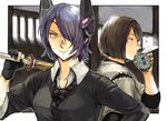  black_gloves brown_hair cardigan checkered checkered_neckwear commentary cup drinking fingerless_gloves gloves headgear hiro_(chumo) hyuuga_(kantai_collection) kantai_collection mug multiple_girls necktie over_shoulder purple_hair short_hair steam sword tenryuu_(kantai_collection) weapon weapon_over_shoulder wooden_sword yellow_eyes 