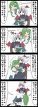  4koma book chair comic commentary_request green_hair highres horns jetto_komusou kochiya_sanae multiple_girls reading red_eyes tokiko_(touhou) touhou translated trolling wings 