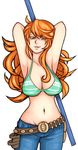  antiheld armpits arms_up belt_buckle bikini_top breasts brown_eyes buckle cleavage cowboy_shot denim highres holster jeans large_breasts long_hair midriff nami_(one_piece) navel one_piece orange_hair pants polearm smile solo staff tattoo underboob weapon 