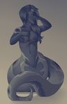 2015 anthro breasts female hair looking_at_viewer naga nipple_piercing nipples nude piercing pinup pose reptile scalie simple_background smile snake solo v-i 