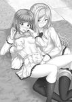  2girls blush bra breasts fingering indoor lying masturbation monochrome multiple_girls nipples school_uniform small_breasts underwear yuri 