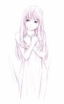  bangs closed_mouth clothes_in_front covering crossed_arms dress feet_out_of_frame frown hands_on_own_chest head_tilt long_hair monochrome nude original sad simple_background sketch solo standing traditional_media white_background yoshitomi_akihito 