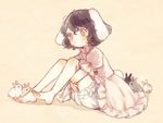  animal animal_ears barefoot black_hair bloomers blush bunny bunny_ears bunny_tail dress full_body inaba_tewi jpeg_artifacts looking_down pink_dress puffy_sleeves red_eyes short_hair short_sleeves simple_background sitting solo tail touhou underwear yujup 
