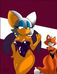  &lt;3 2015 anthro bat big_breasts breasts canine cleavage clothed clothing dreamcastzx female fox foxy_roxy mammal rouge_the_bat smile sonic_(series) swimsuit wings 