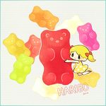  aqua_border artist_name ayu_(mog) bad_id bad_pixiv_id black_eyes blonde_hair border dress gummy_bear haribo lowres original oversized_object polka_dot polka_dot_dress 