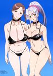  absurdres asymmetrical_docking belly bikini black_bikini blue_background blush breast_press breasts brown_eyes brown_hair cleavage collar collarbone earrings gradient gradient_background hand_on_another's_hip highres huge_breasts jewelry kiba_mikoto long_hair looking_at_viewer megami multiple_girls navel official_art open_mouth ponytail sagiri_yuuko silver_hair simple_background smile spiked_collar spikes swimsuit takami_akio triage_x yellow_eyes 