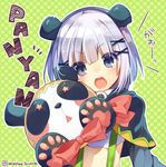  &gt;:o 1girl :&lt; :o animal_ears artist_name blush bow character_name character_request chestnut_mouth green_background hair_ornament looking_at_viewer merc_storia midriff mishima_kurone open_mouth original panda_ears panyan polka_dot polka_dot_background puppet purple_eyes ribbon solo star stuffed_animal stuffed_toy teddy_bear twitter_username upper_body white_hair 