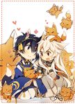  animal_ears black_hair blue_eyes chibi fang fox fox_ears fox_tail fuuko_(2679566944) heart japanese_clothes kemonomimi_mode kogitsunemaru male_focus mikazuki_munechika multiple_boys open_mouth red_eyes smile tail touken_ranbu white_hair 