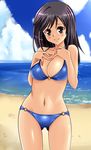  beach bikini black_hair brown_eyes day highres ichijou_hotaru long_hair non_non_biyori shiguko standing swimsuit 
