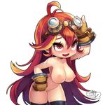  1girl blush breasts goggles goggles_on_head happening18 maplestory maplestory_2 nude open_mouth red_eyes red_hair simple_background smile solo uncensored windy4th 