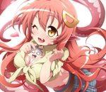  1girl :d akasyabotan between_breasts blood breasts commentary_request fang hair_ornament hairclip heart heart-shaped_pupils kurusu_kimihito lamia long_hair miia_(monster_musume) monster_girl monster_musume_no_iru_nichijou nosebleed one_eye_closed open_mouth pointy_ears red_hair scales shirt simple_background skirt slit_pupils smile symbol-shaped_pupils tied_shirt unmoving_pattern very_long_hair white_background yellow_eyes 
