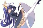  ahoge blue_eyes blue_hair boots breasts chestnut_mouth commentary_request hairband huge_ahoge iroha_(unyun) leg_up long_hair medium_breasts orie_(under_night_in-birth) rapier solo sword thigh_boots thighhighs under_night_in-birth very_long_hair weapon white_legwear 
