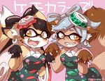  animal_ears aori_(splatoon) black_hair blush breasts claws cleavage detached_collar domino_mask earrings eromame fangs food fox_ears fox_girl fox_tail fur furrification furry grey_hair hat hotaru_(splatoon) jewelry kitsune mask medium_breasts mole mole_under_eye multicolored_hair multiple_girls object_on_head raccoon_ears raccoon_tail red_hair smile splatoon_(series) splatoon_1 sushi symbol-shaped_pupils tail tanuki tentacle_hair tentacles two-tone_hair 